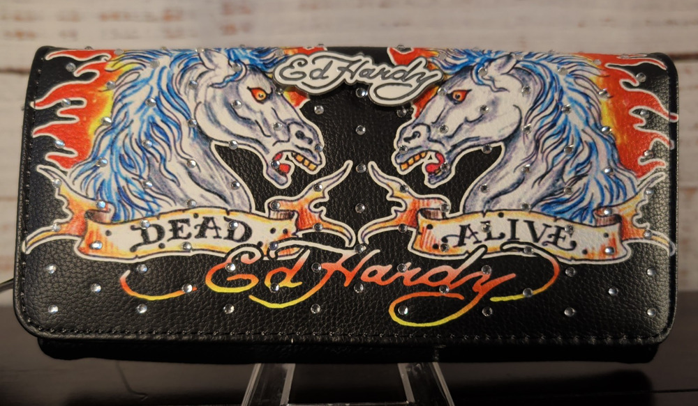 Ed Hardy Rhinestone Horse Wallet Bifold Black Double ID Zip Coin Y2K Punk